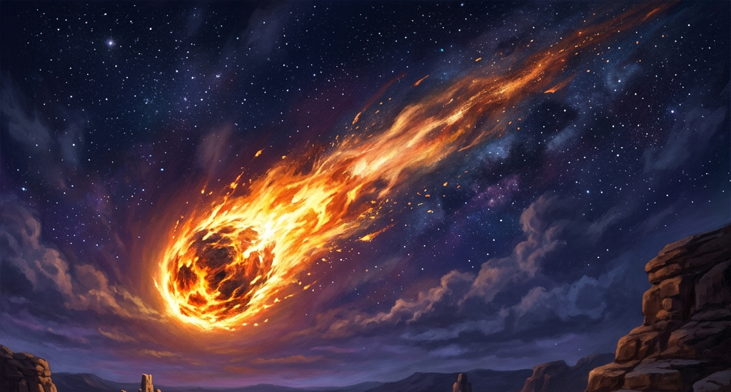 Group of people around campfires in desert observing bright flaming meteor in starry sky