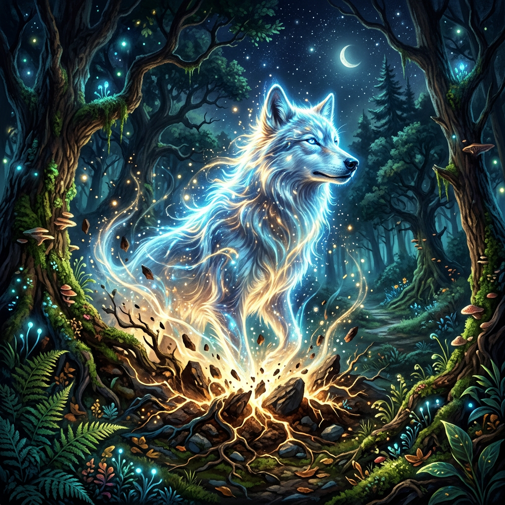 A glowing wolf made of light rising from cracked ground in a dark enchanted forest at night