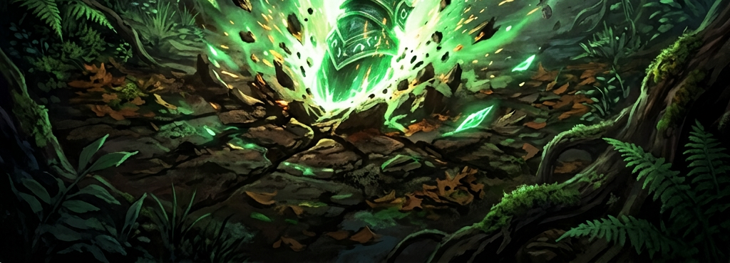 Mystical horse with glowing green armor striking ground in enchanted forest