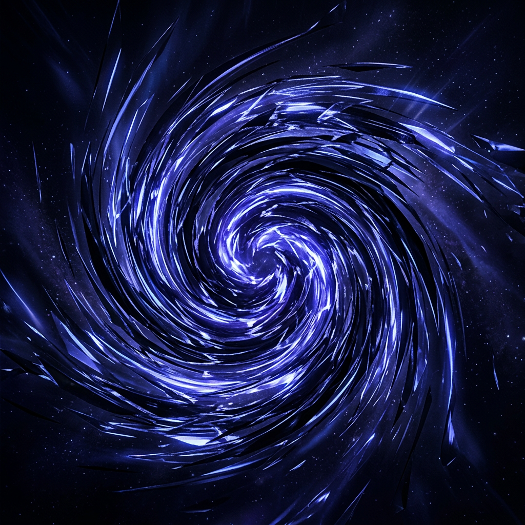 A bright swirling vortex of blue light and shards in a dark space background