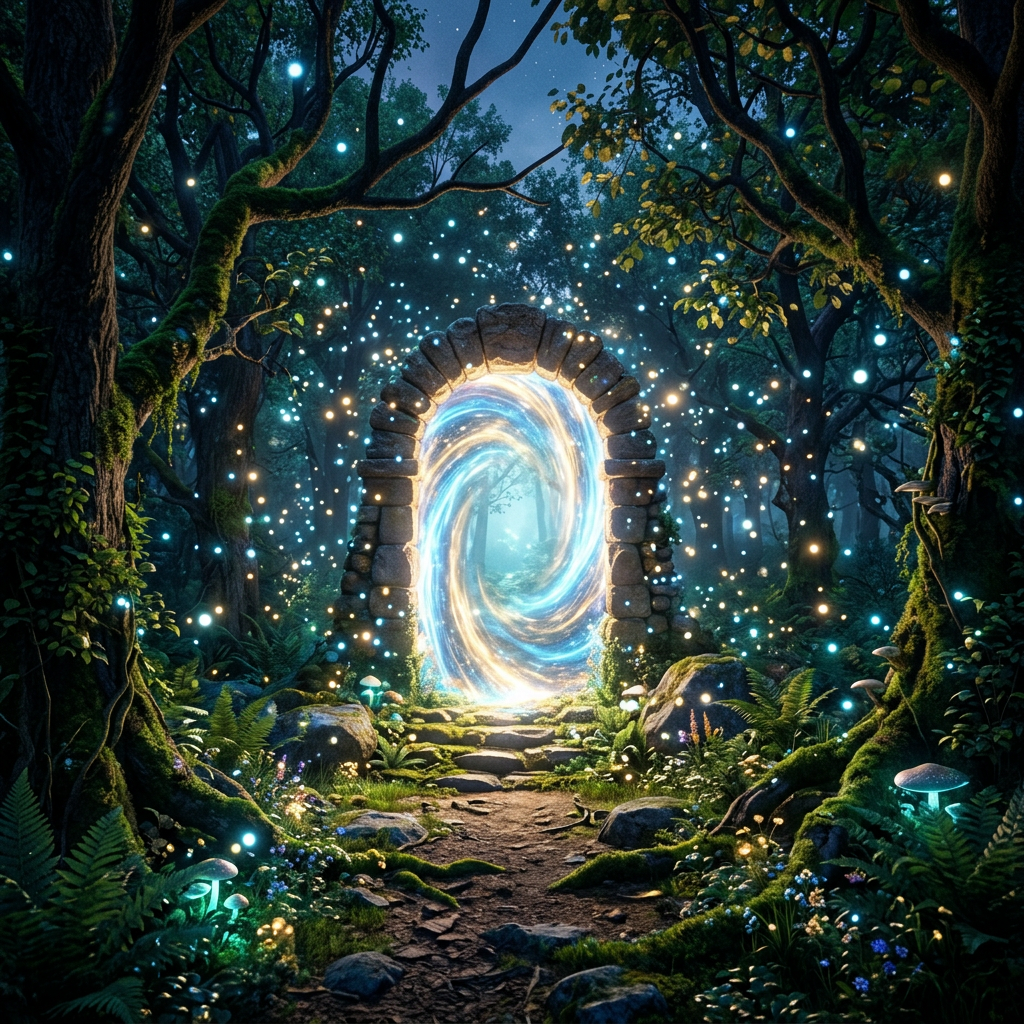 Stone arch portal swirling with blue and gold light in a mystical forest