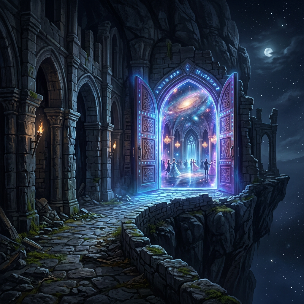Ancient stone archway with glowing portal showing people dancing under cosmic sky inside ballroom